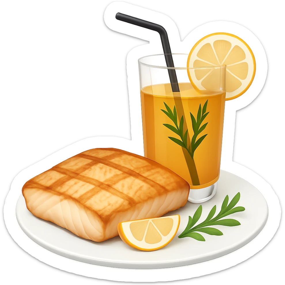 Change the tapa to show just a piece of grilled fish, not the whole fish, served with a drink, in emoji style with transparent background. sticker