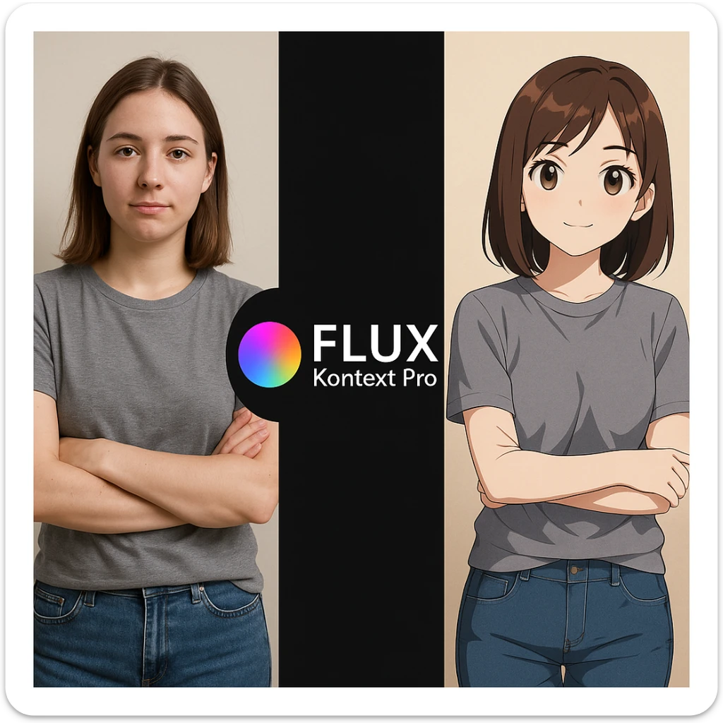 create before after image of a girl before is realsitic photo, after is anime version of her in same pose and clothes, add logo with text of a "FLUX Kontext Pro" in middle in big, black background sticker
