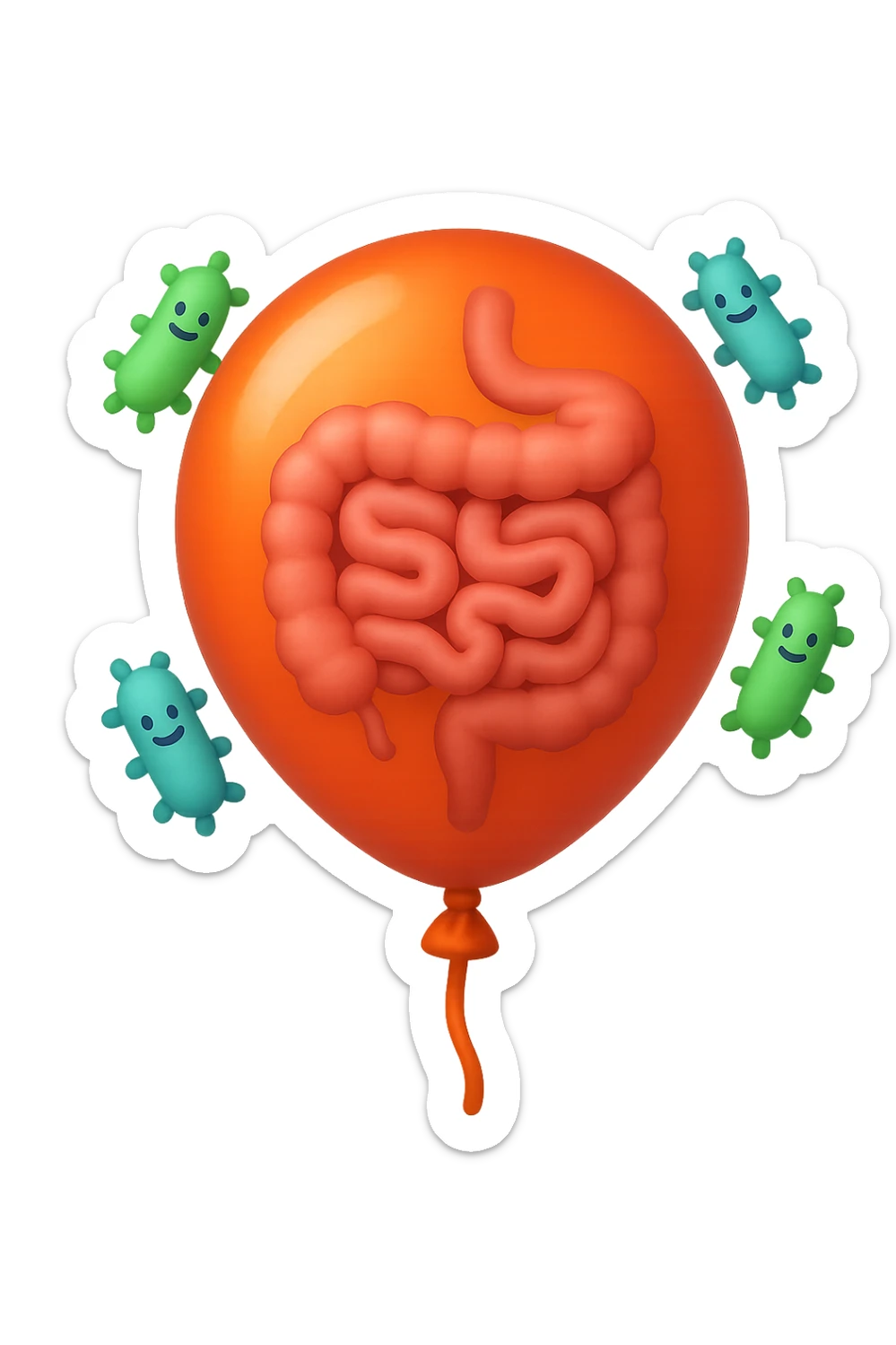 emoji stile iphone di un palloncino con intestino dentro e batteri intestinali intorno sticker