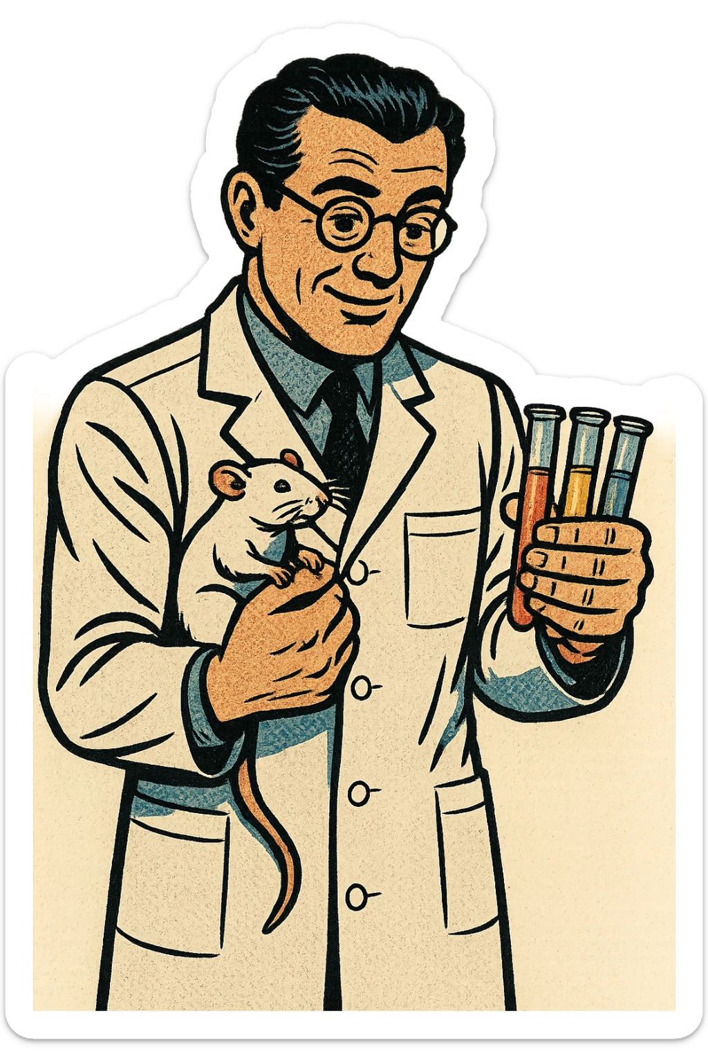 a full body of 1940s caring scientist holding a lab rat and test tubes sticker
