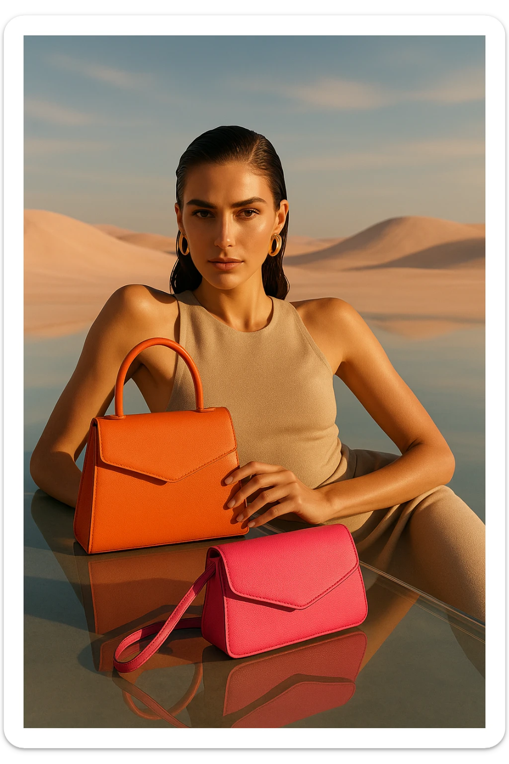 Editorial fashion: a woman with sleek wet hair and earrings reclines on a glassy surface in a pastel desert, holding orange and pink designer bags. She wears a beige minimalist top and gazes at the camera, with dramatic sunlight and a luxury campaign feel. sticker