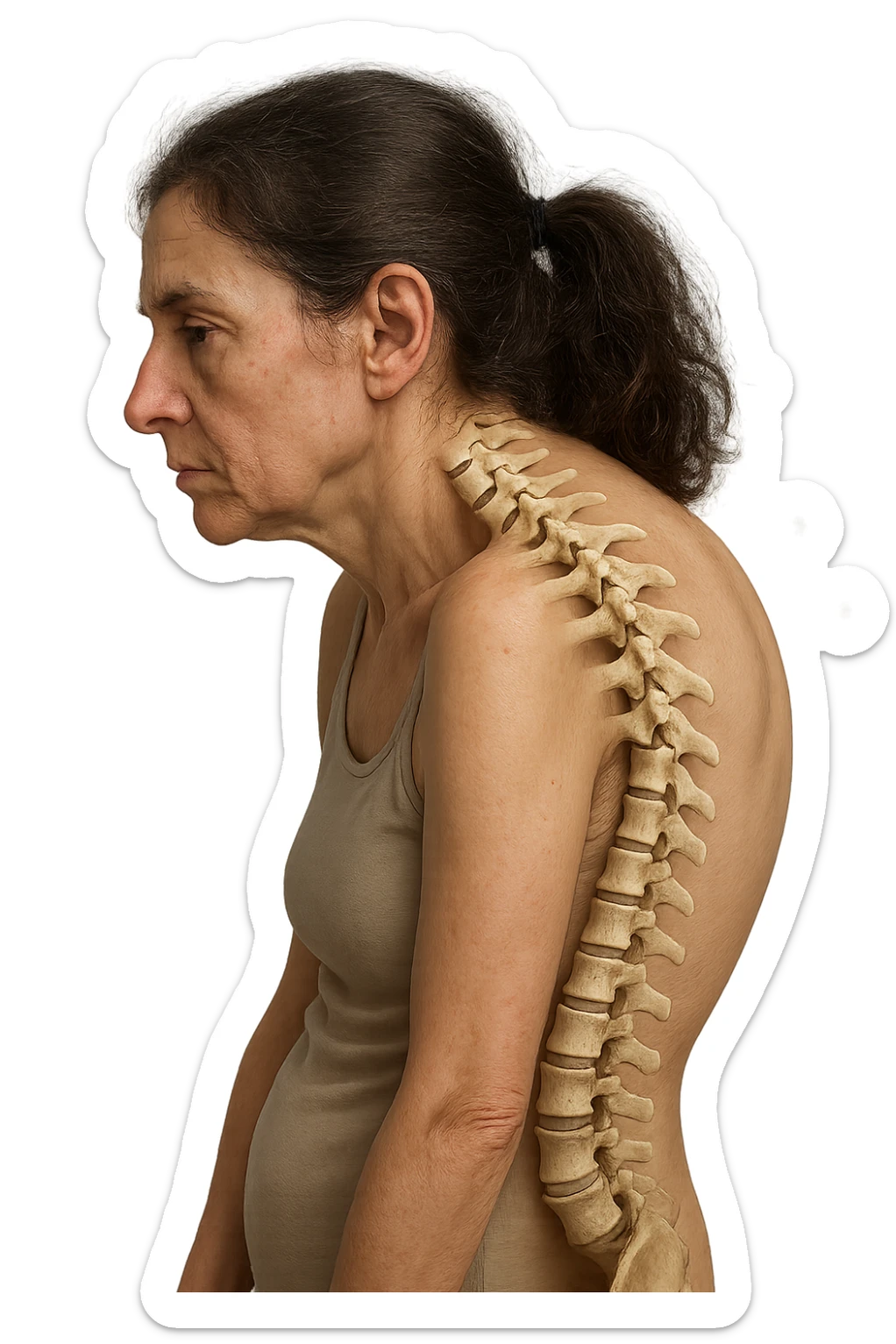 donna di profilo con spalle chiuse in avanti e postura storta, spina dorsale anatomica visibile, iperrealistico 4k sticker
