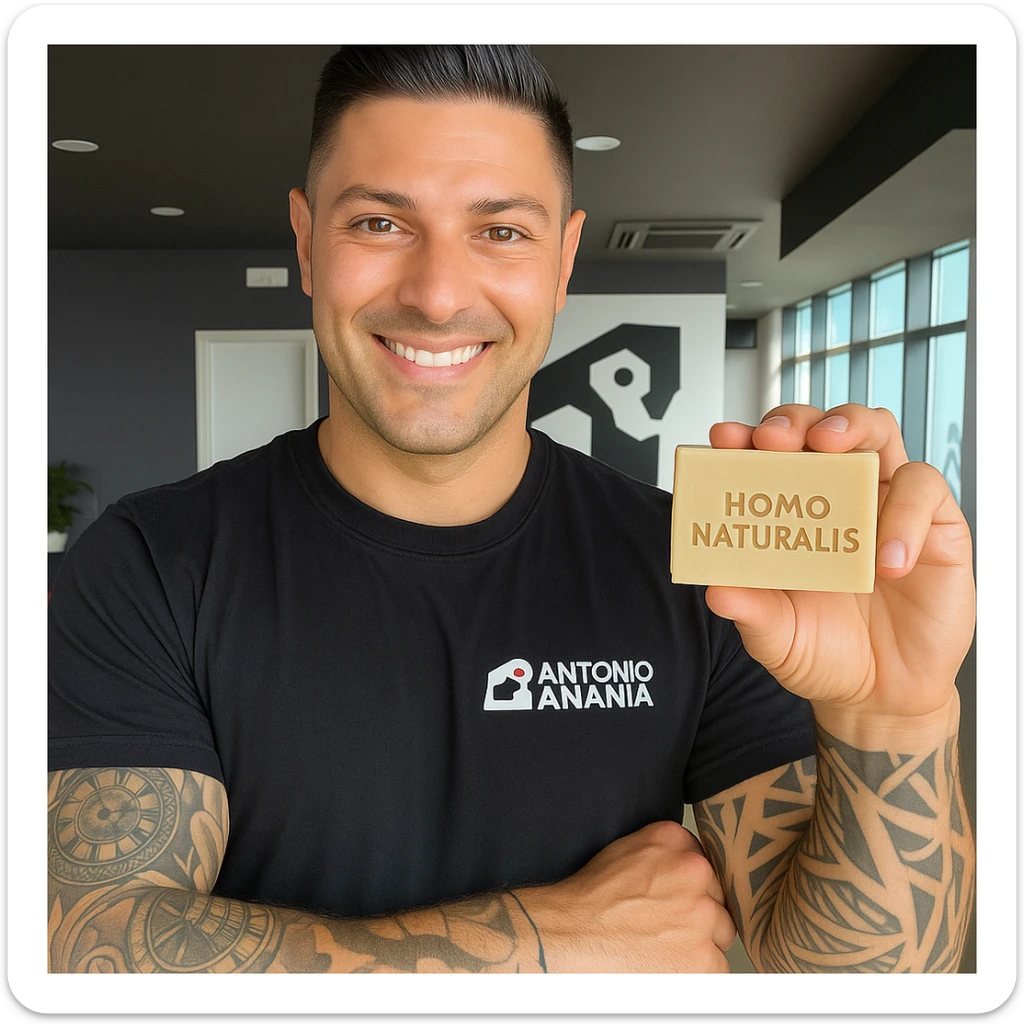 Create a realistic image of Antonio Anania, resembling the person in the reference photo, holding a soap called 'Homo Naturalis' with the soap's name clearly visible. The tone should be natural and positive. sticker