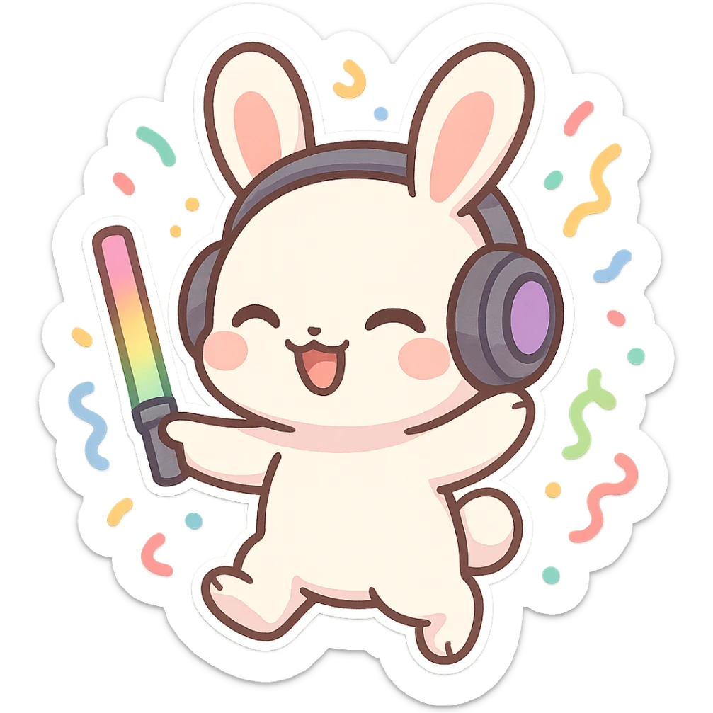 cute rave bunny wearing headphones, holding a glow wand, surrounded by confetti, festive mood sticker
