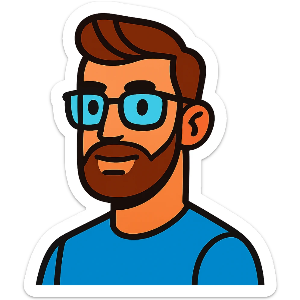 vibrant toon style male with glasses, French cut hairstyle, brown hair, fine full beard sticker