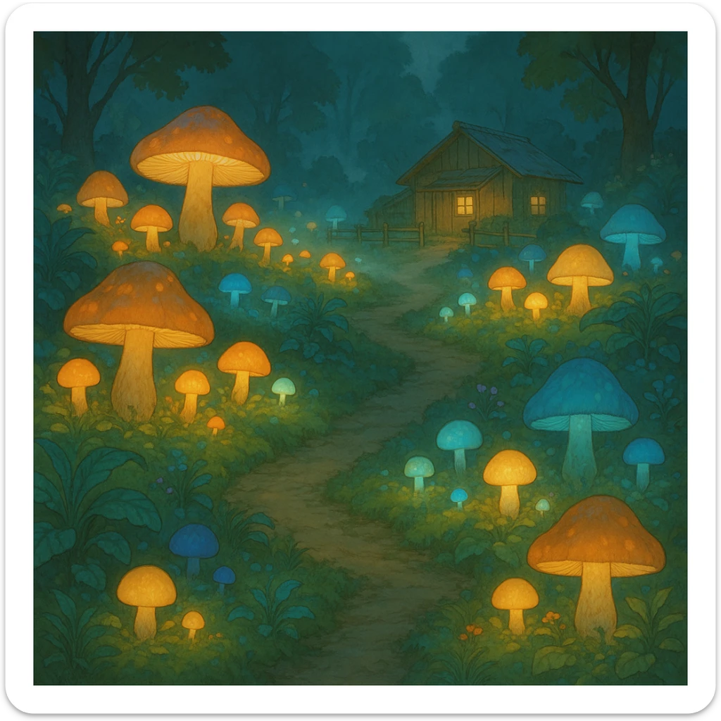 magical fungi farm with glowing mushrooms, misty air, fantasy plants, Ghibli-inspired style sticker