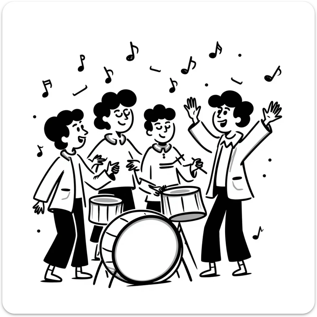 a festive scene with a group of people drumming and singing 'tung tung tung tung sahur', expressing joy and excitement, hand drawn doodle style sticker