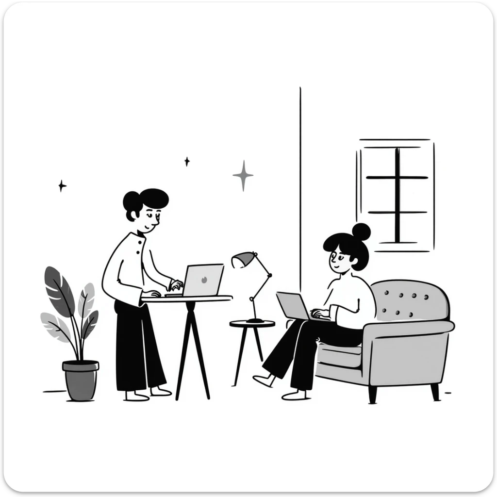 escenary 3d of a cozy mid-century living room with two people working on laptops, one man standing at a desk and one woman sitting on a couch, two walls and floor visible sticker