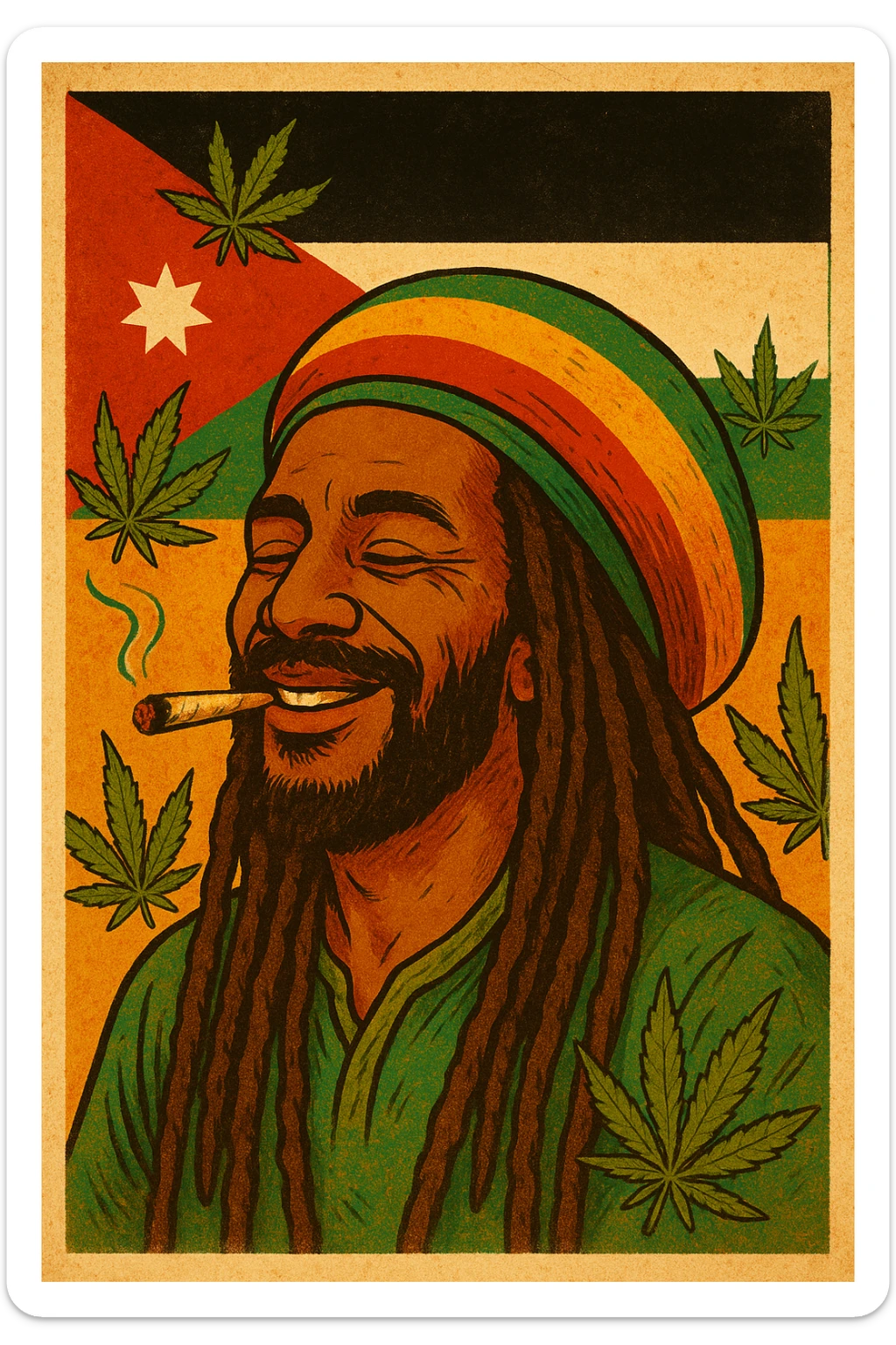 A digital vintage-style poster illustration of a Jordanian Rasta man with dreadlocks, wearing a red, yellow, green striped tam hat. He is smiling peacefully with a lit herbal spliff in his mouth. The background features the official Jordan flag — black, white, green horizontal stripes with a red triangle and a white 7-point star — accurately displayed behind him. Cannabis leaves are tastefully arranged around the composition, and the poster includes Rasta color textures blended with the Jordanian palette. Use a retro poster style with warm, slightly aged textures, bold outlines, and soft shading to evoke a soulful reggae vibe that honors both Jordanian pride and Rasta spirit. The mood is chill, powerful, and respectful sticker