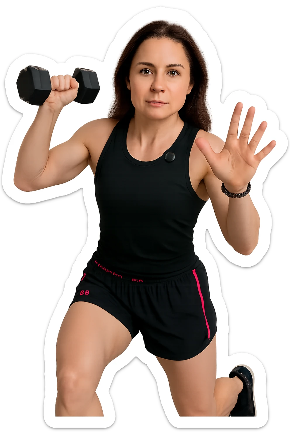 Allenamento ad alta intensità donna mentre fa pesi con in mano due manubri sticker