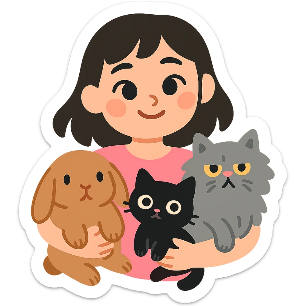 brunette chinita girl holding a brown holland lop rabbit, gray persian cat, and black kitten in pastel-toon style sticker
