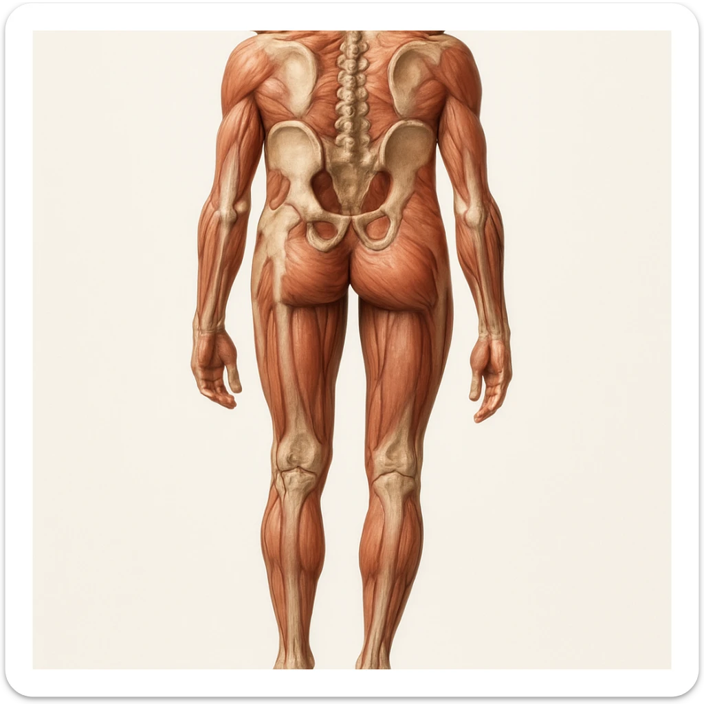 Edit the image to depict an inhibited leg (shorter than the other), in a medical anatomical style, posterior view, hyperrealism, with no background. Variation 3. sticker