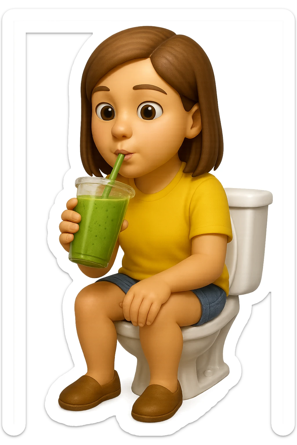 emoji stile iphone di una donna seduta sul wc che beve uno smoothies verde, iperrealistico 4k sticker
