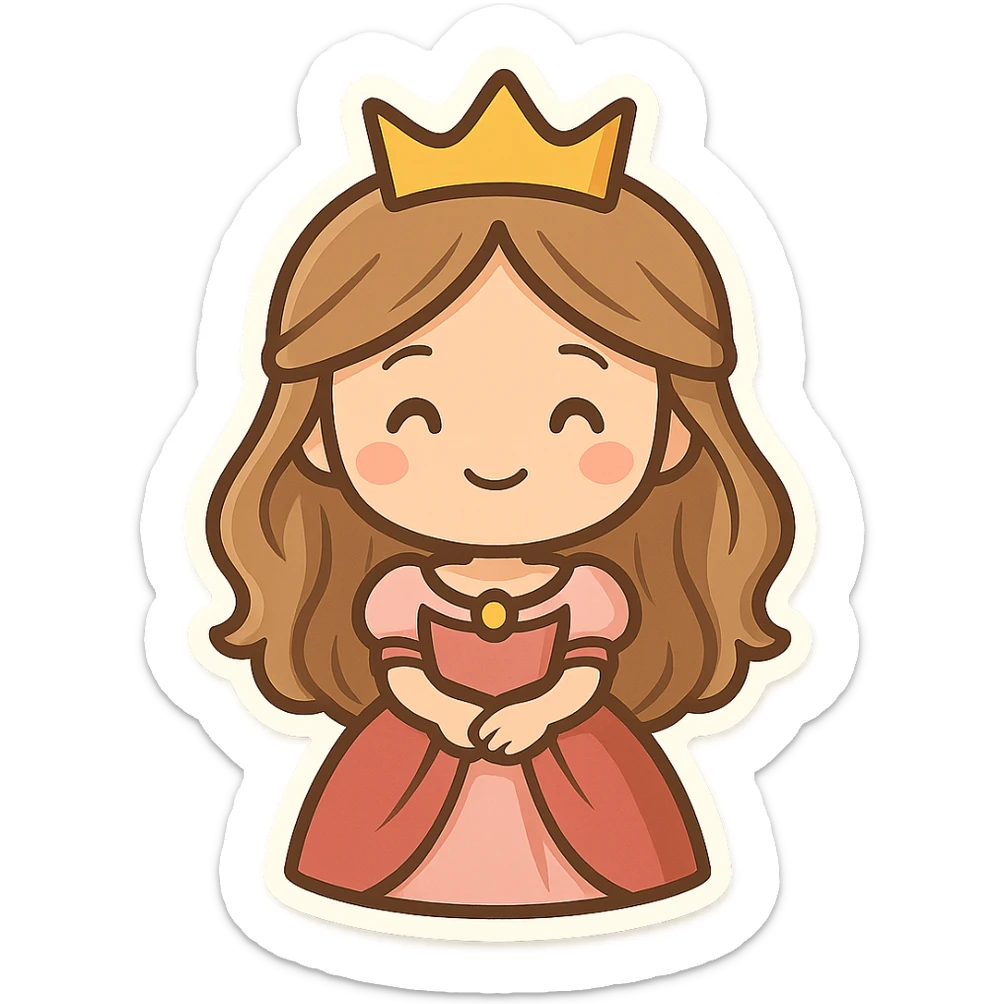 cartoon-style princess emoji with long hair, wearing a golden crown, smiling softly, dressed in a royal gown, chibi stickers style sticker