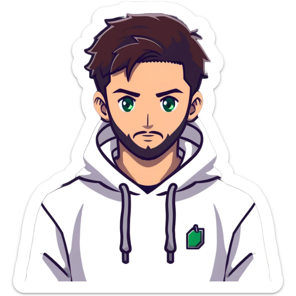 anime style male character with green eyes, dark brown undercut hairstyle, short beard, wearing white hoodie sticker