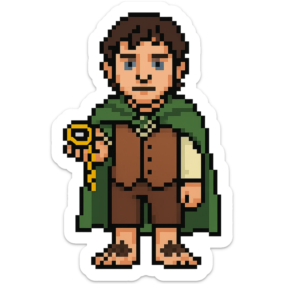 Whole body image of Frodo Baggins from the lord of the rings movie in pixel art style. Make Frodo look like the actor that portrayed him in the movie, Elijah Wood, blue eyes and dark curly hair. Frodo is wearing the same green elven cloak with the leaf buckle, brown vest, cream undershirt, dark brown leather short pants, and hairy hobbit feet. He is holding the one ring in the palm of his outstretched hand. the ring is golden yellow and a golden link chain necklace is strung through it. sticker