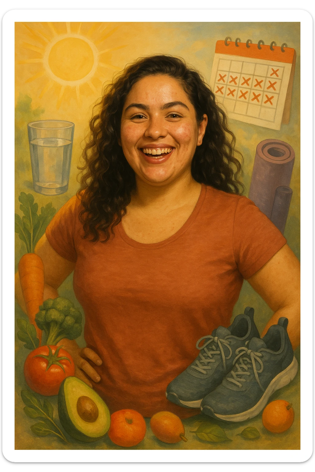 Realistic portrait of a woman with PCOS, healthy and happy appearance, glowing skin, thick hair, energetic posture. Around her, visual references to a healthy lifestyle: healthy food, water, physical activity, sun, calendar with days marked as symptom-free. Realistic details, warm lighting, vertical 2:3, no text. sticker