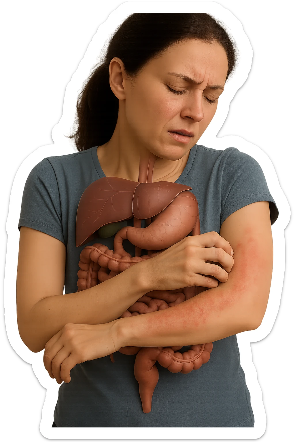 donna con intestino umano anatomico realistico che si gratta il braccio su cui ha un'eritema, iperrealistica 4k sticker
