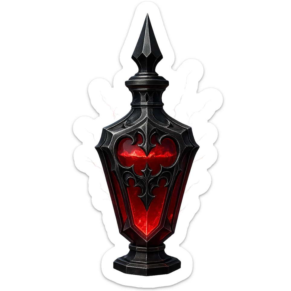 modernus prabangus eliksyro buteliukas, vampyriškas, gotikinis, tamsiai raudonas, juodi ir sidabriniai ornamentai, aštrūs briaunoti paviršiai, stiprūs magiški švytėjimai ir efektai, labai mažas kaklelis, skaidrus fonas, vientisas dugnas, be šešėlio, plūduriuoja ore, kolekcijos stilius sticker