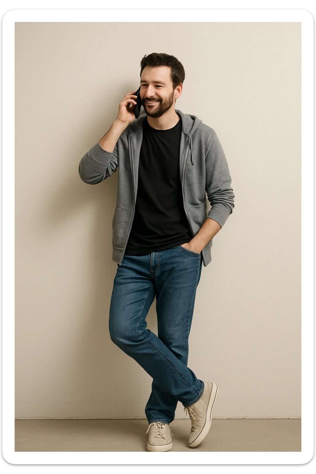 A man leaning against a wall, on the phone, tapping his foot, casual clothing, plain background. sticker
