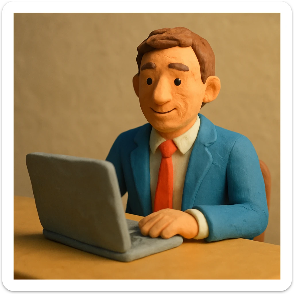 A 35-year-old male business coach sitting at a table with a laptop sticker