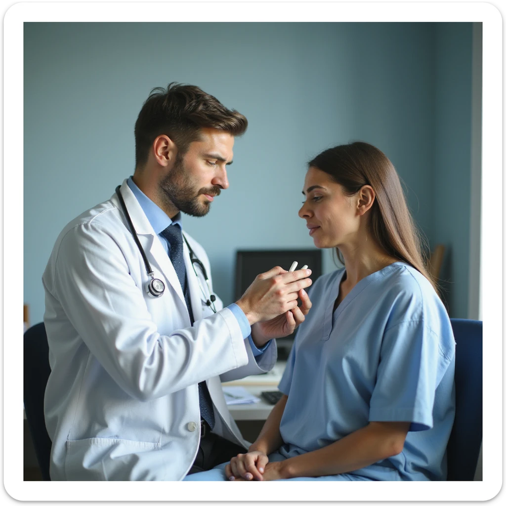 realistic illustration of a doctor in a white coat giving pills to a patient with a suffering expression, the doctor seems to ignore the cause of pain, medical office background, critical atmosphere sticker