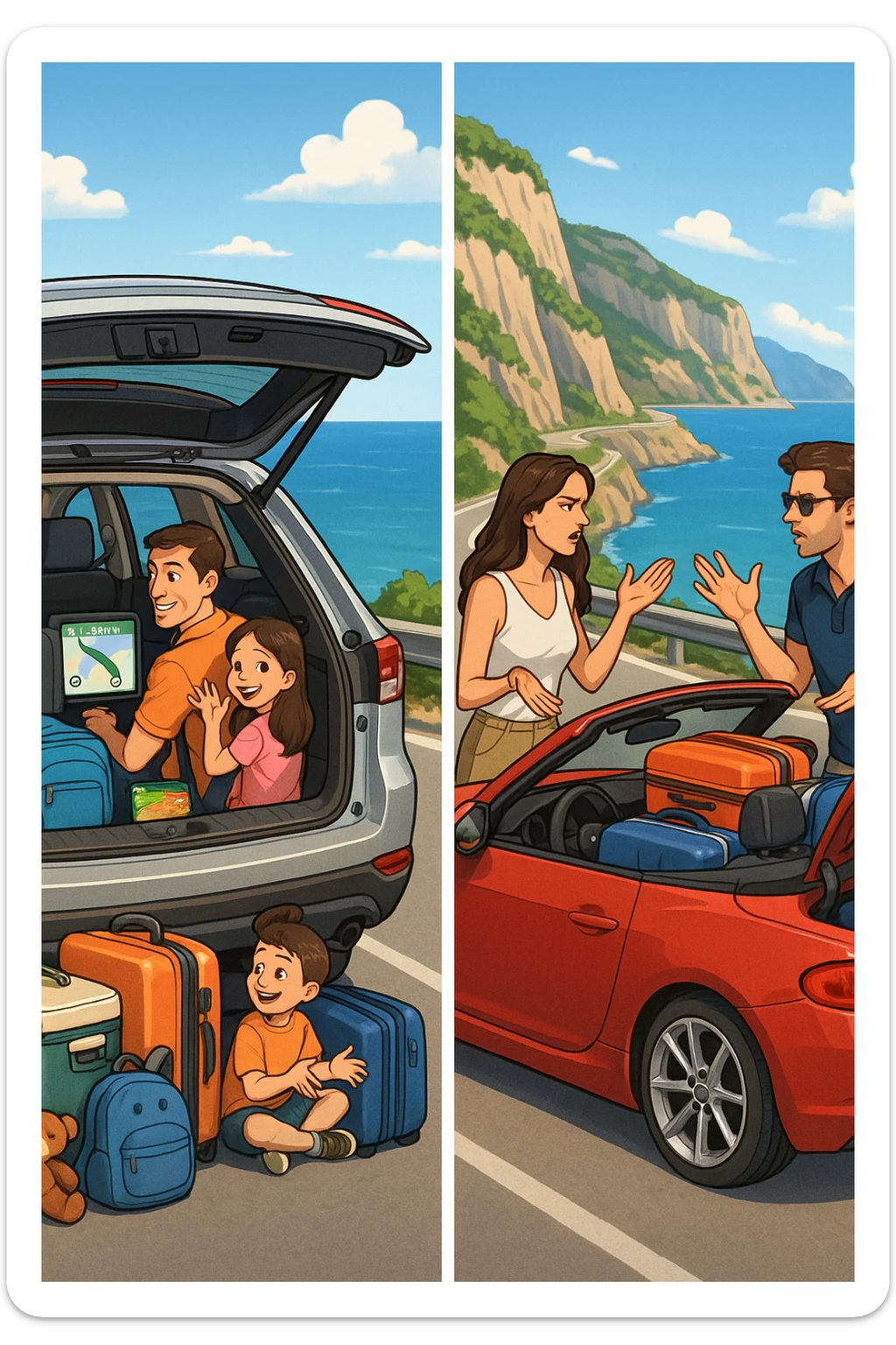 "Spacious family SUV loaded with luggage, snacks, entertainment for kids, GPS showing clear 300km route planned with rest stops, happy family ready for road trip; contrasted with impractical two-seater convertible with no storage space, couple arguing about what to leave behind, suitcases barely fitting, comfort vs style dilemma, Italian coastal highway background" sticker
