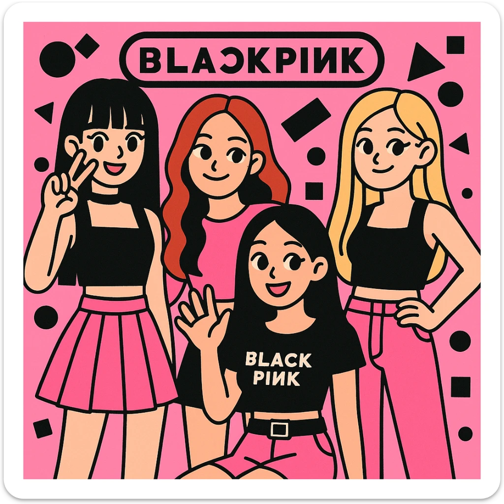 Blackpink K-pop group, pink and black colors, playful and cute, trendy fashion, group pose sticker