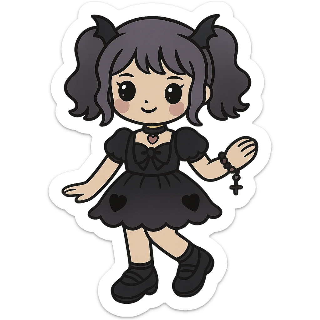 Edit the image of a K-pop girl in pastel goth fashion wearing a frilly dress with a dark color palette and gothic motifs. The girl should have a whimsical stance and cute jewelry. Remove the background. The style should reflect pastel goth with gothic motifs and a darker color scheme. sticker