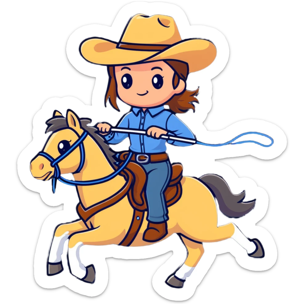 girl wearing cowboy hat riding a horse holding a whip sticker