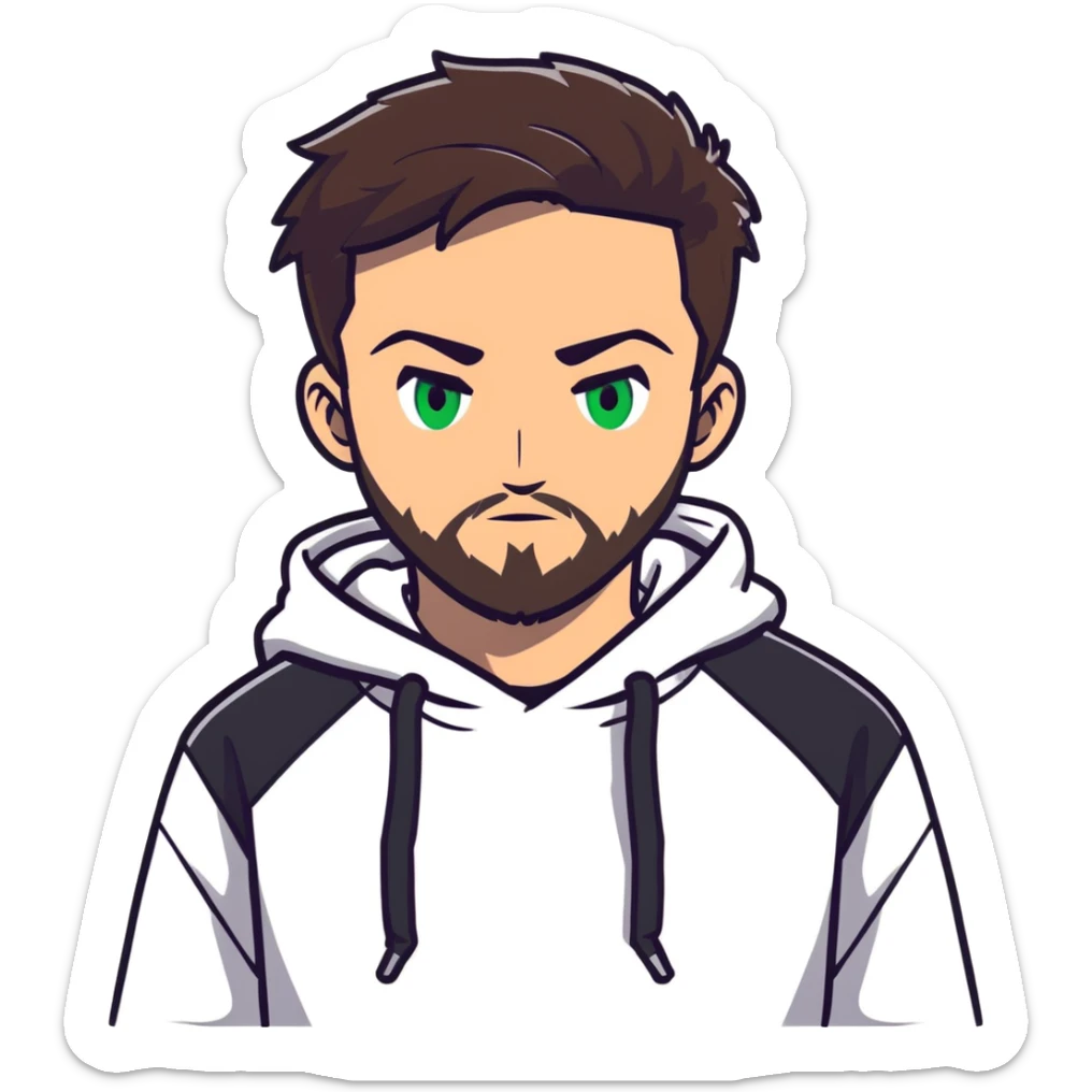 anime style male character with green eyes, dark brown undercut hairstyle, short beard, wearing white hoodie sticker
