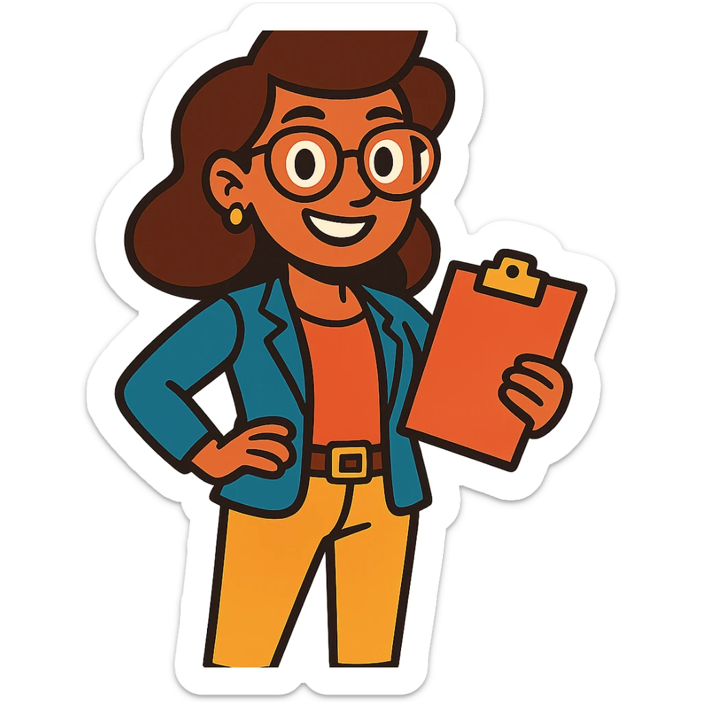 a cheerful and confident female project manager in a business casual outfit, smiling sticker