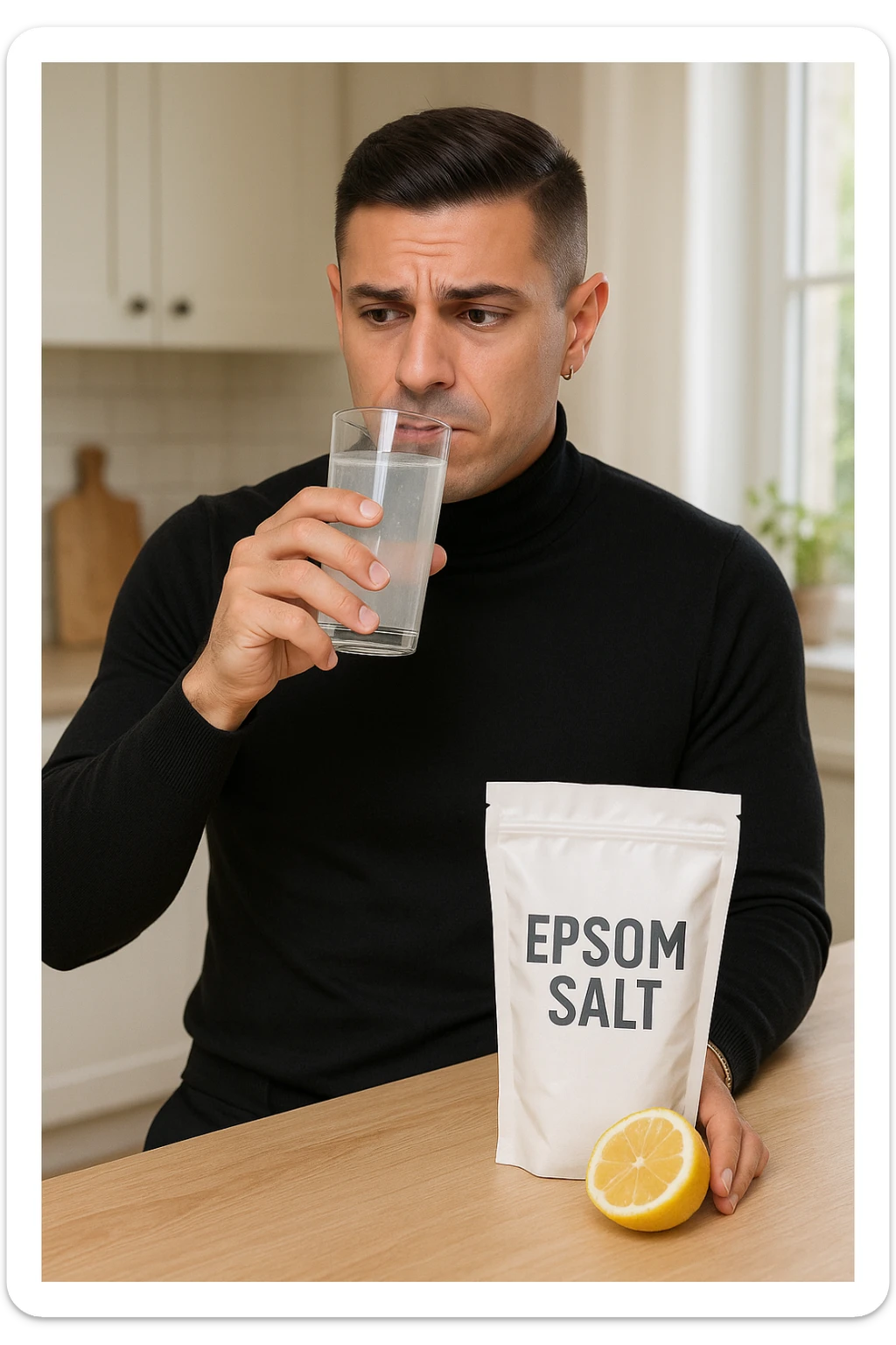 A realistic, bright photo-style image of a young man in his 30s standing in his kitchen, holding a clear glass filled with water in which Epsom salt (magnesium sulfate) has been dissolved. He looks focused but slightly uncertain as he prepares to drink it for a liver flush or digestive cleanse. The glass shows slight cloudiness from the dissolved salt. On the counter are a packet labeled 'Epsom Salt' and a sliced lemon, suggesting he might use it to mask the taste. The setting is clean, natural, and bright with neutral tones. The background shows sunlight streaming through a window, emphasizing a clean, minimalist health-focused environment. The mood conveys a realistic, calm moment of self-care with a hint of discomfort, illustrating a natural detox practice sticker