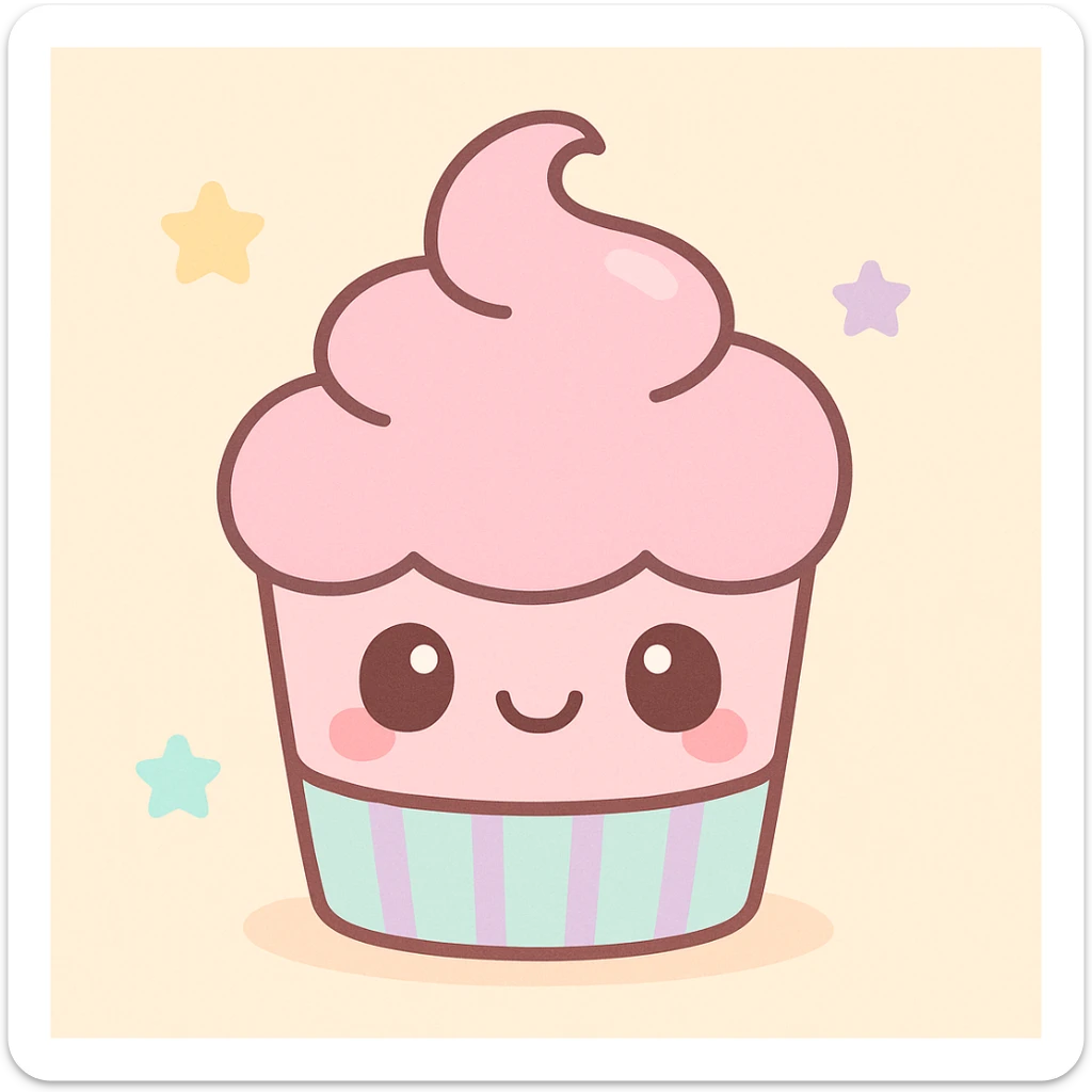 cute cupcake with pink icing, kawaii style, adorable, pastel colors, big eyes sticker