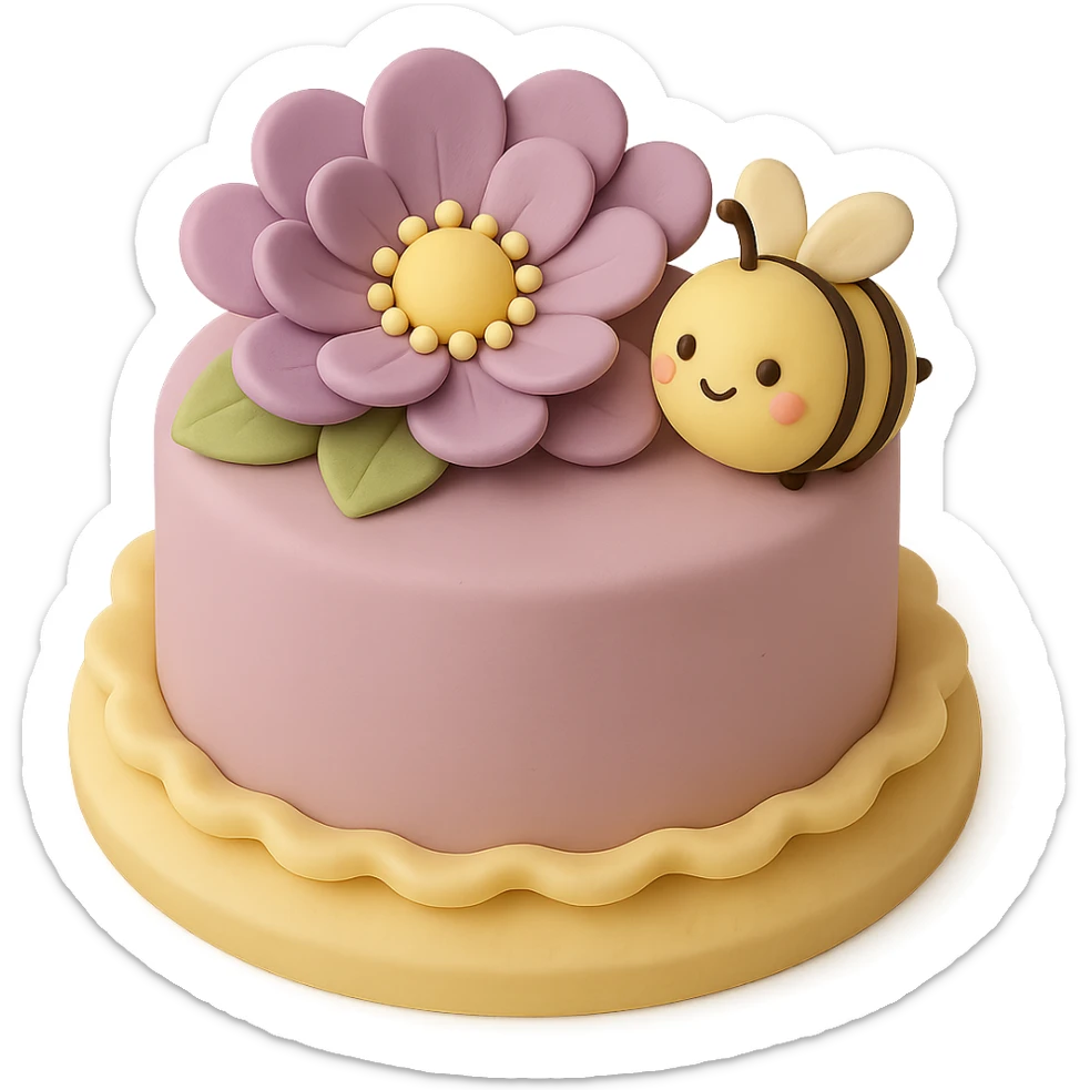 Add a cute bee next to the purple flower in fondant cake art style, keeping the cake-like appearance and colors consistent. sticker