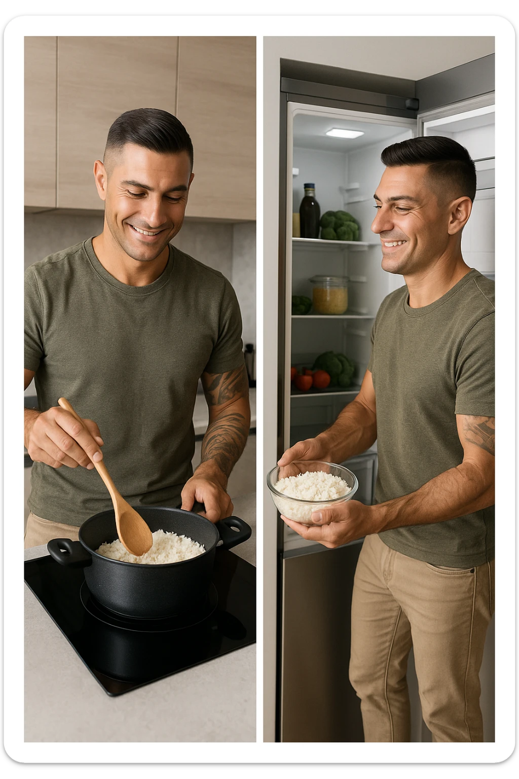 Uomo che cucina riso e mette la ciotola poi nel frigo sticker