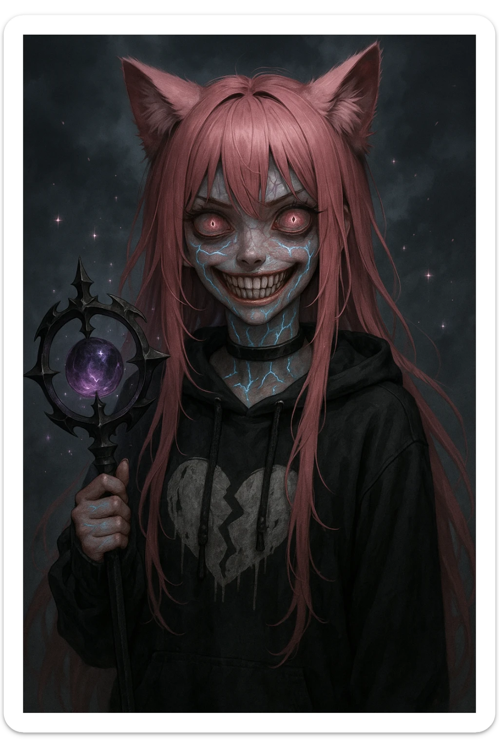 realistic anime catgirl with pink hair, emo streetwear, heart tattoo under left eye, dark magical accessory, sparkles, stormy background, possessed horror look with distorted features, glowing veins, unnatural smile sticker