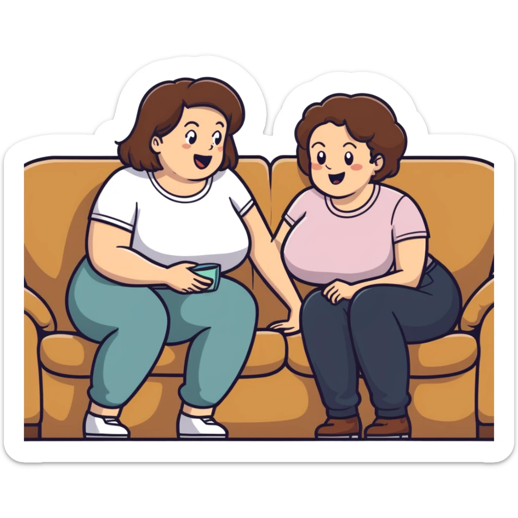 One Caucasian woman with brown hair big boobs wearing pants sitting on a couch with a bald man. She is looking down shocked. He is smiling. sticker