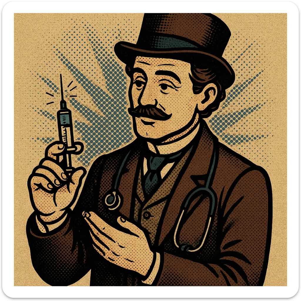 A caring looking victorian doctor holding a vaccination sticker