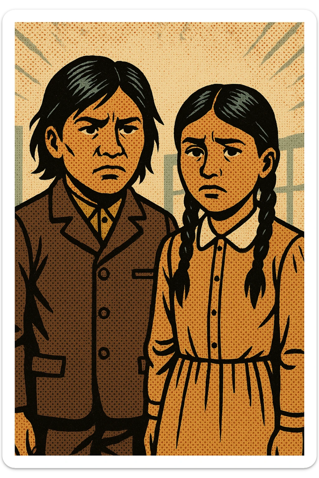 A native american boy and girl standing next to each other dressed in American style clothing from the 1880s in the Carlisle Indian School looking unhappy.  sticker