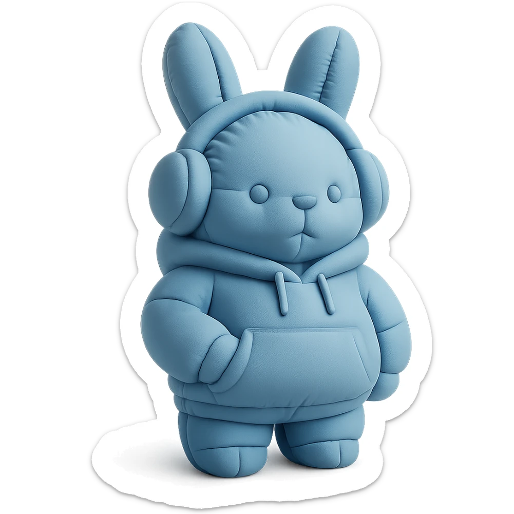 blue bunny in hoodie, one paw in pocket, headphones on, cushion style sticker