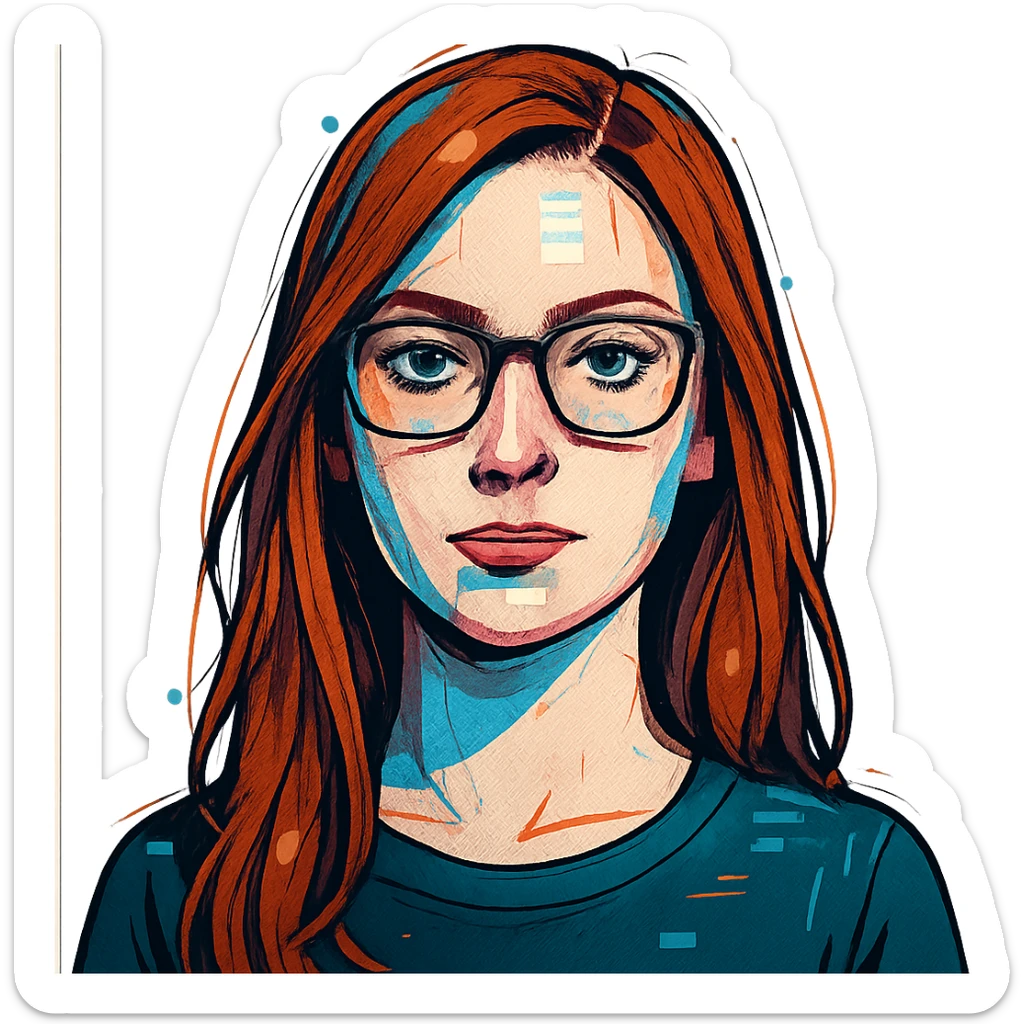 digital style avatar of woman with long copper hair, white skin, wearing glasses sticker