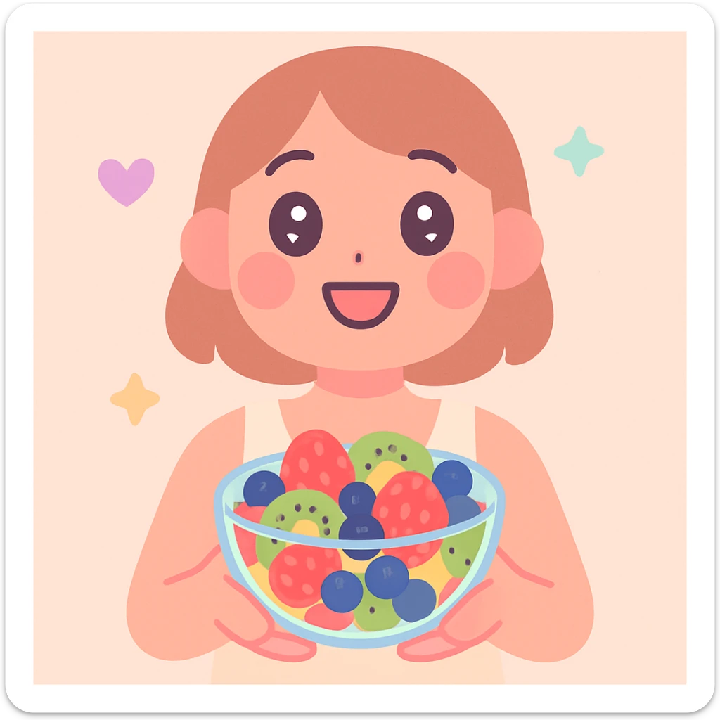 A cheerful person holding a glass bowl of colorful fruit salad, with vibrant pieces of strawberries, kiwis, and blueberries visible. The person should be wearing a casual, light-colored tank top, and have a friendly, bright smile as they prepare to take a bite with a spoon. sticker