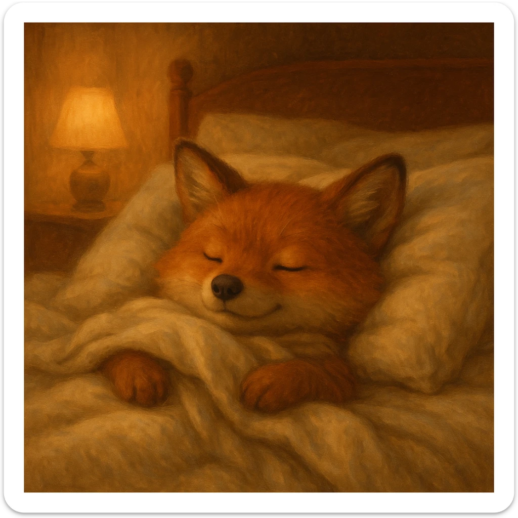 a cozy animal snuggled in bed with soft blankets and warm atmosphere, peaceful and inviting scene sticker