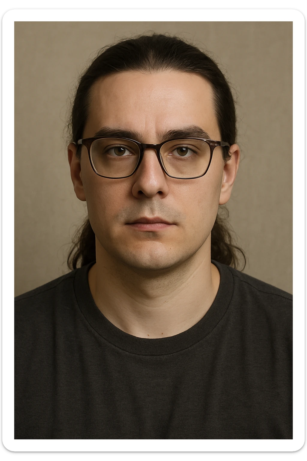 upper body portrait of a person with long pulled back dark brown hair, hazel eyes, and glasses, neutral expression sticker