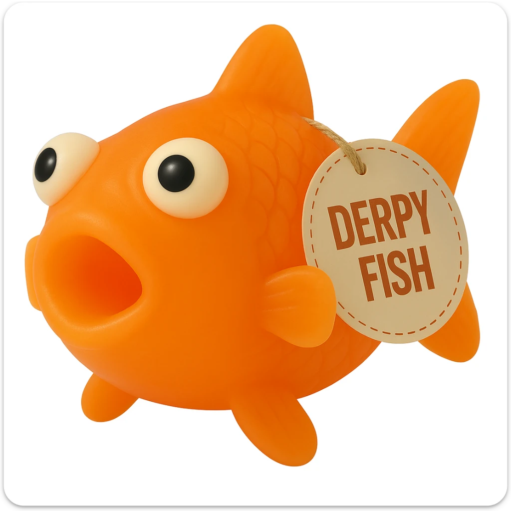Change the body color of the Derpy Fish to match the exact bright orange color and transparency of the reference clownfish. Keep the retro 90's toy look, derpy eyes, soft plastic texture, soft reflections, soft and squishy, some cloudiness, not shiny, highly detailed, appealing, with the 'DERPY FISH' tag, no background. Match the color and transparency to the reference image as closely as possible. sticker