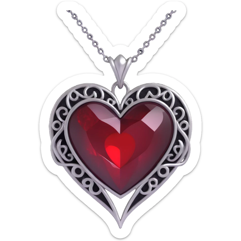 gothic heart, black velvet texture, silver chain, blood red gemstone, ornate and dramatic style, subtle smoky aura sticker