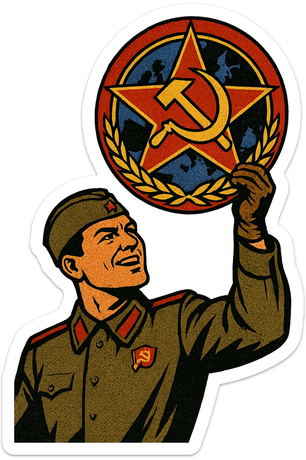 A 1940s Soviet male soldier with a communist party badge holding up a Warsaw Pact emblem sticker