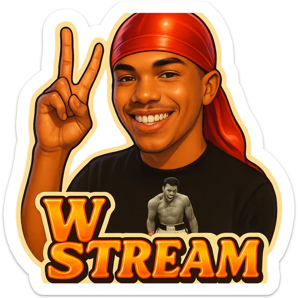 Make him Smiling 
woo Finger signak
Change His durag To Red
Add the words W Stream sticker