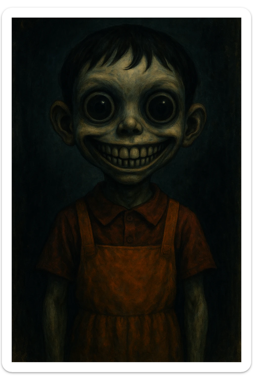 scary boy doll with a wide, unsettling smile, inspired by Squid Game, in a stylized, surreal art style sticker